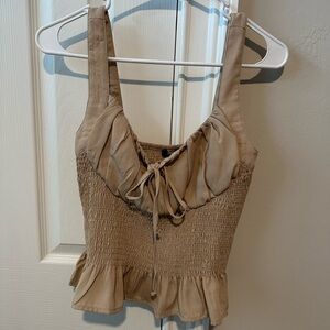 Papermoon Tan Smocked Tie Front Peplum Crop Top